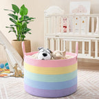 67L Large Rainbow Blanket Basket, Cotton Rope Baby Laundry Hamper with Handles, Kids Toy Basket for Classroom & Nursery, Soft Round Stuffed Animal Storage, Dog Toy Bin - 20"x13", Light Rainbow