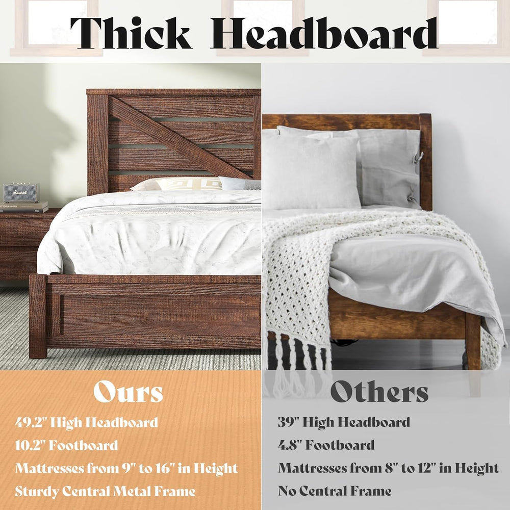 AMERLIFE Farmhouse Queen Size Bed Frame with 49" Barn Door Headboard, Brown