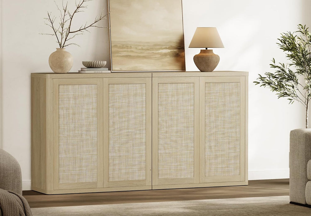 SICOTAS Rattan Buffet Sideboard Storage Cabinet - 64" Modular Boho Farmh...