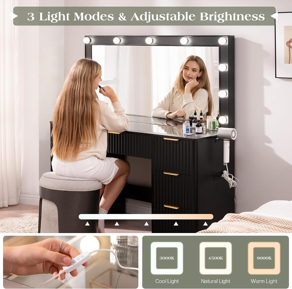 LUXOAK 47" Makeup Vanity Desk with Large Mirror & LED Lights, Black ...