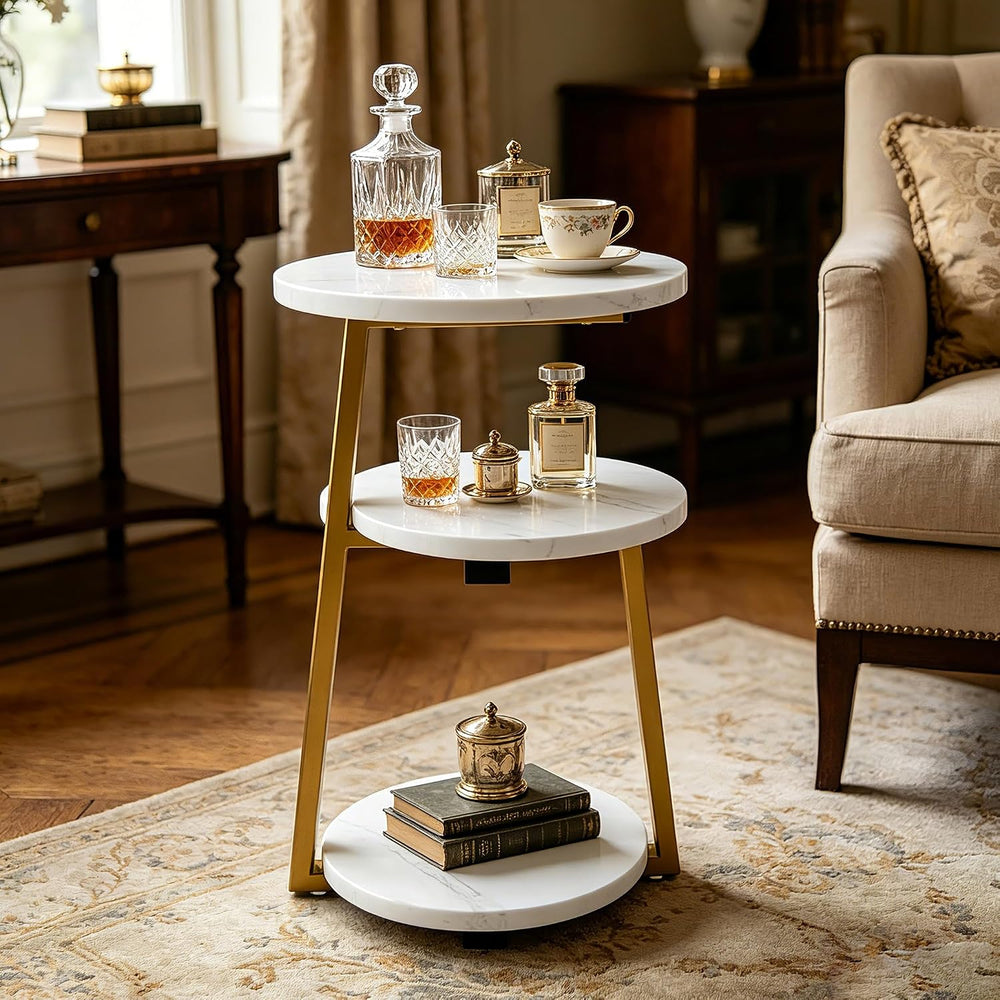 3-Tier Round Side Table, Faux Marble Top Side Table with Sturdy Metal Frame, ...
