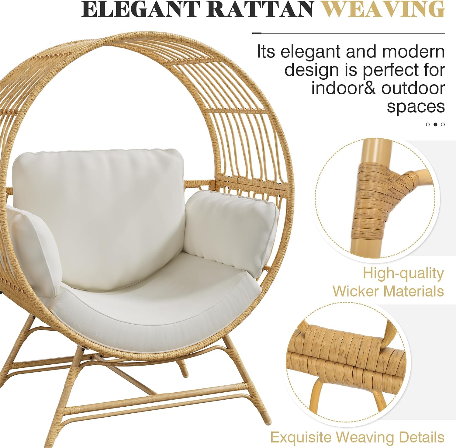 Bifanuo Oversized Egg Chair Indoor/Outdoor Rattan Hanging Basket Chair with Thickened Cushion Supports 350LBS – Wicker Patio Lounge Chair for Balcony Porch Living Room Backyard (Beige)