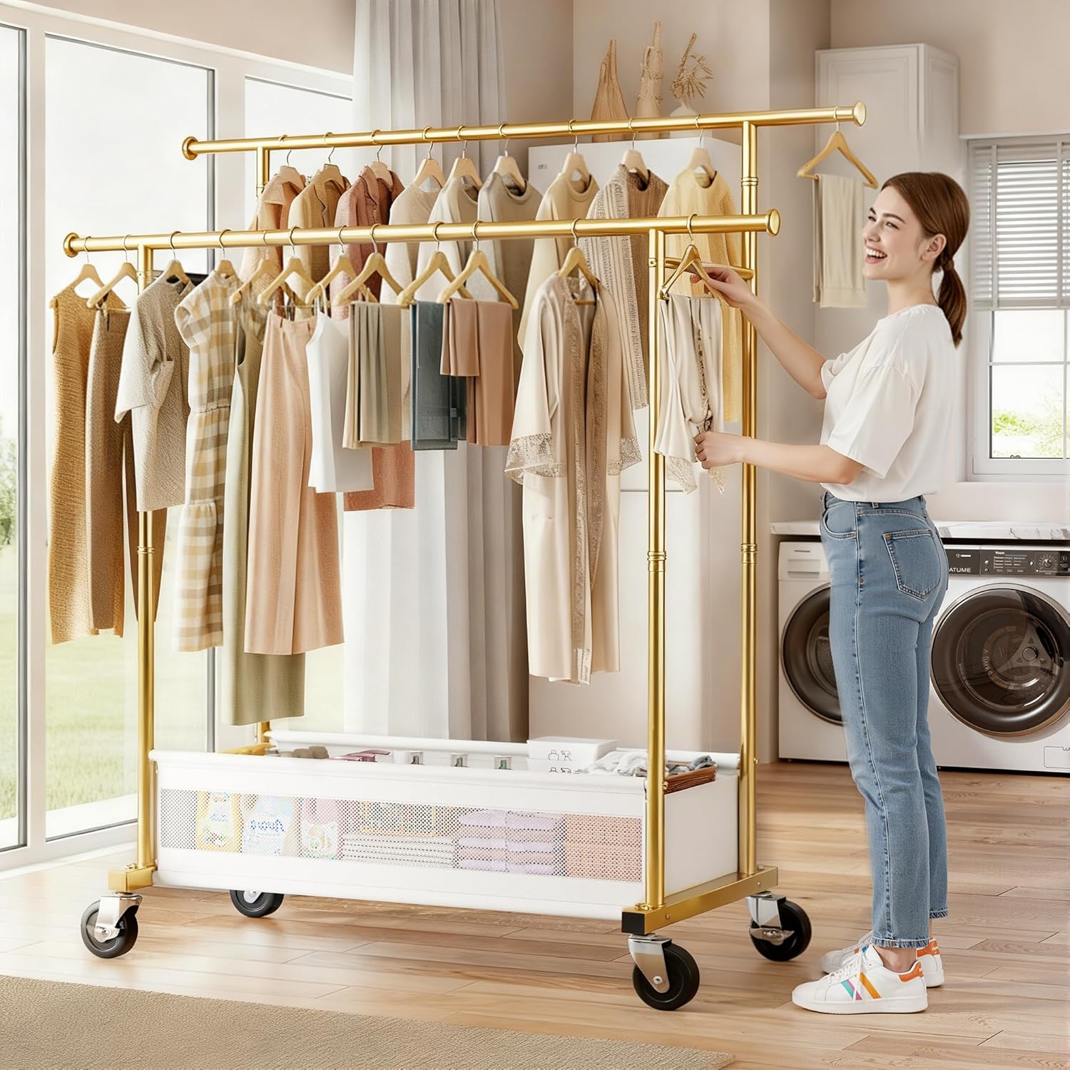 Clothes Rack, Double Rod Clothing Rack with Storage Bag & Sturdy Wheels, Metal Garment Rack for Closet Organizers and Storage, 43.3" W×17.7" D×63" H