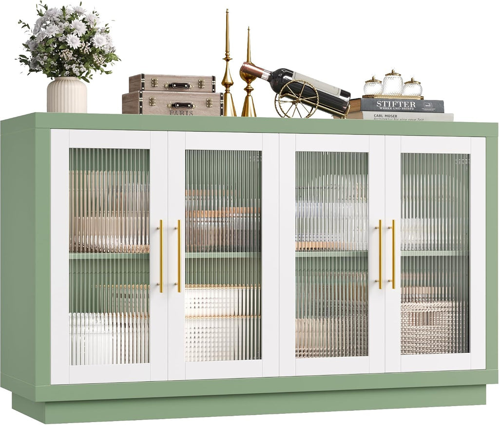 FOTOSOK Buffet Cabinet with Storage, Kitchen Cabinet with 4 Glass Doors | 55.1" Large Sideboard Cabinets, Modern Sideboard Storage Cabinet, Wood Coffee Bar Buffet Table for Kitchen, Green/White