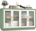 FOTOSOK Buffet Cabinet with Storage, Kitchen Cabinet with 4 Glass Doors | 55.1" Large Sideboard Cabinets, Modern Sideboard Storage Cabinet, Wood Coffee Bar Buffet Table for Kitchen, Green/White