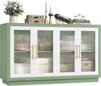 FOTOSOK Buffet Cabinet with Storage, Kitchen Cabinet with 4 Glass Doors | 55.1" Large Sideboard Cabinets, Modern Sideboard Storage Cabinet, Wood Coffee Bar Buffet Table for Kitchen, Green/White