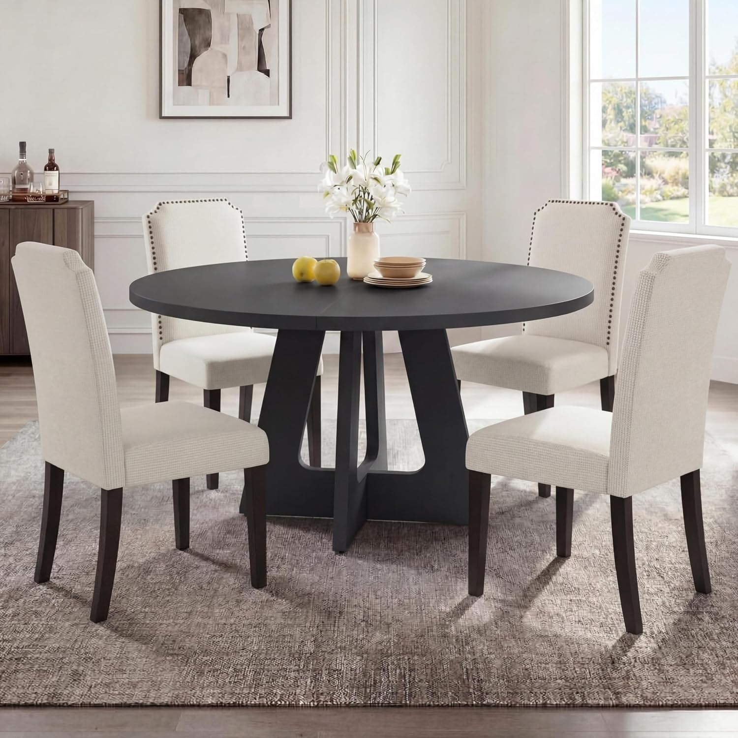 GAOMON 3-Piece 47.24" Round Dining Table Set with 2 Upholstered Dining Chairs, Space-Saving Kitchen Table for 4-6, Compact Dinette Set for Apartment, Living Room, Small Space, Dining Room