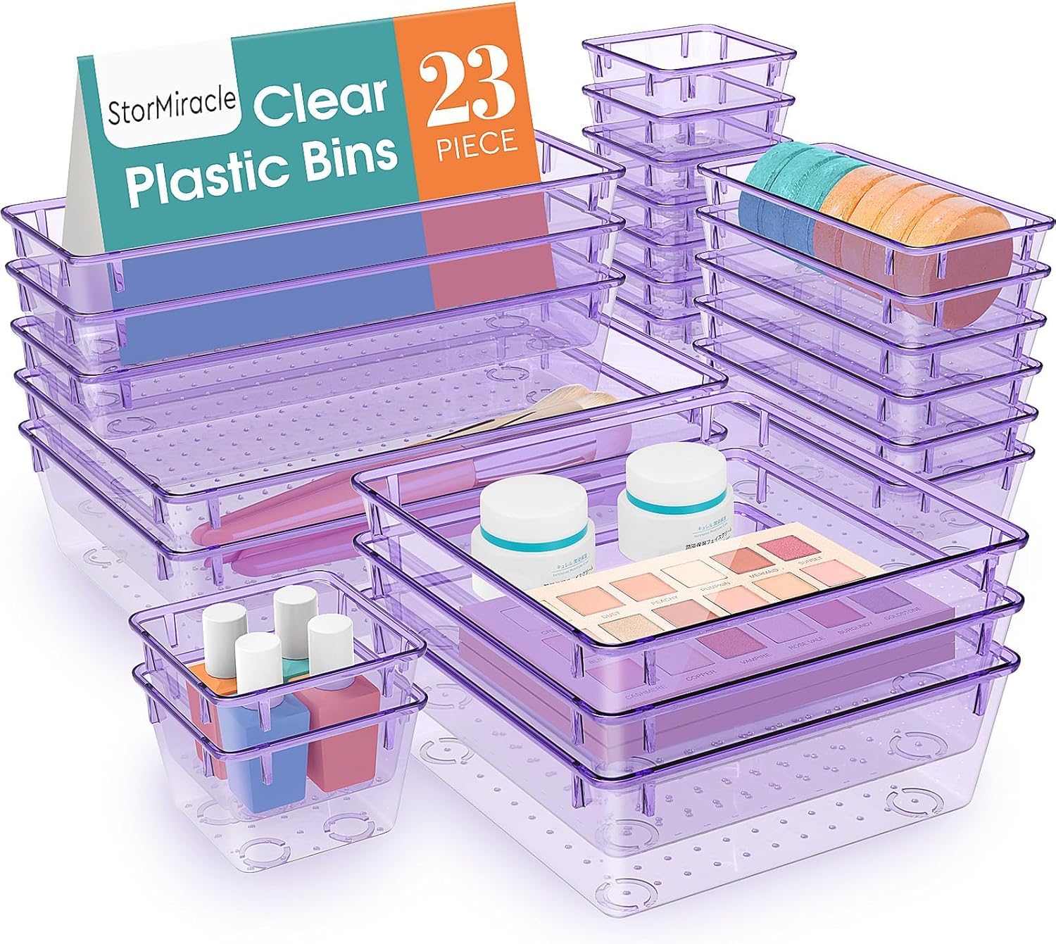 23 PCS Drawer Organizer Set, 5 Varied Size Bathroom and kitchen Drawer cabinet organizer Trays, Clear Storage Bins for Makeup, Jewelry, Utensils and Gadgets, Purple
