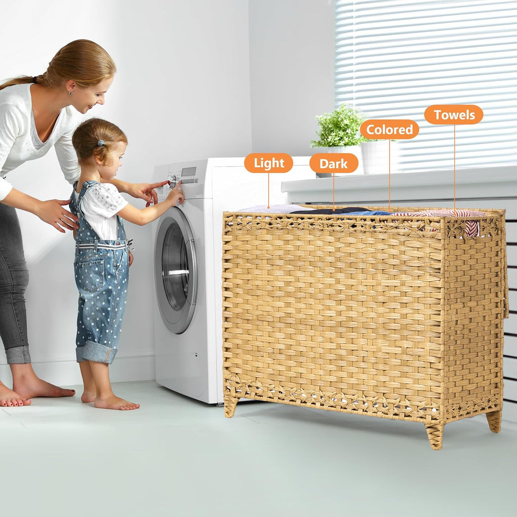 Laundry Hamper with 4 Removable Liner Bags; 176L Handwoven Rattan Laundry Basket with Lid & Heightened Feet; Clothes Hamper with Side Handles (Natural)