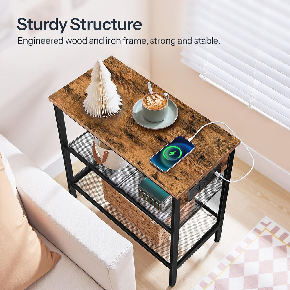 HOOBRO End Table, 3-Tier Narrow Side Table with Charging Station, Nightstand ...
