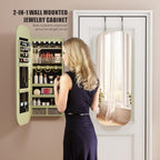 6 LED Mirror Jewelry Cabinet - Wall/Door Mounted Jewelry Armoire with Large Capacity - Lockable Tall Hanging Organizer - Cosmetic Storage & Gift Idea - Green