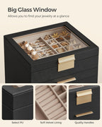 SONGMICS Jewelry Box Organizer with Glass Lid, 6-Layer Jewelry Storage, with 5 Drawers, Modern Style, Christmas Gift, 8 x 9.1 x 9 Inches, Graphite Black and Gold Color UJBC176B01