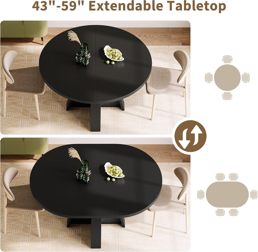 iPormis 43.3in-59in Extendable Round Dining Table for 4-6, Modern Wooden Kitc...