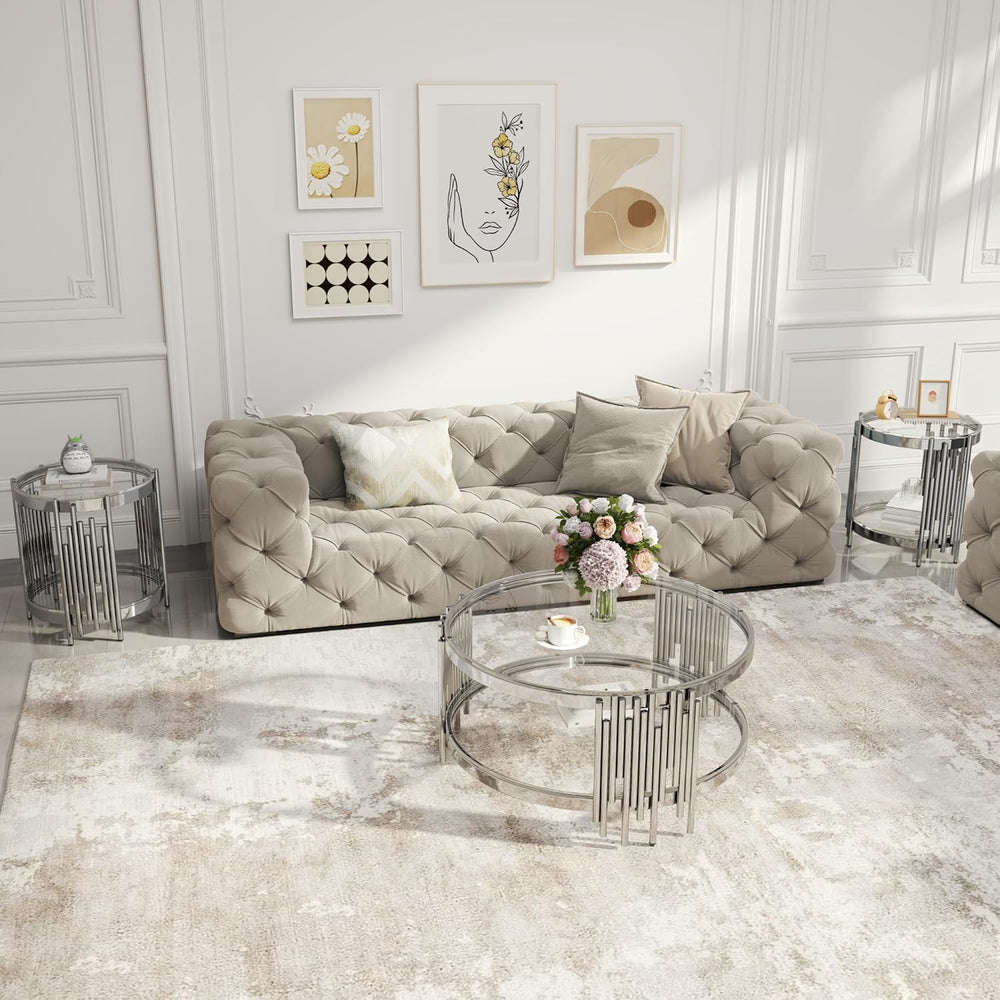 Round Glass Coffee Table Set of 3, Silver and Clear Modern Living Room Table ...