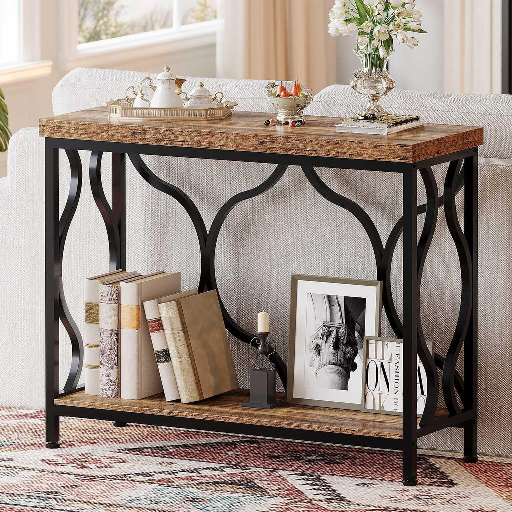 IBF 39.4" Console Sofa Table, Farmhouse Entryway Table Hallway Rustic Brown | Industrial Wood Metal Entry way Narrow Behind Couch Tables with 2-Tier Storage Shelves in Living Room Foyer Entrance