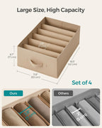 SONGMICS Set of 4 Large Size Wardrobe Clothes Organizers, 6-Compartment Foldable Drawer Organizers with Handles, 16.5 x 11.8 x 6.7 Inches, for Pants, Sweaters, Jeans, Sand Beige URUS009K01