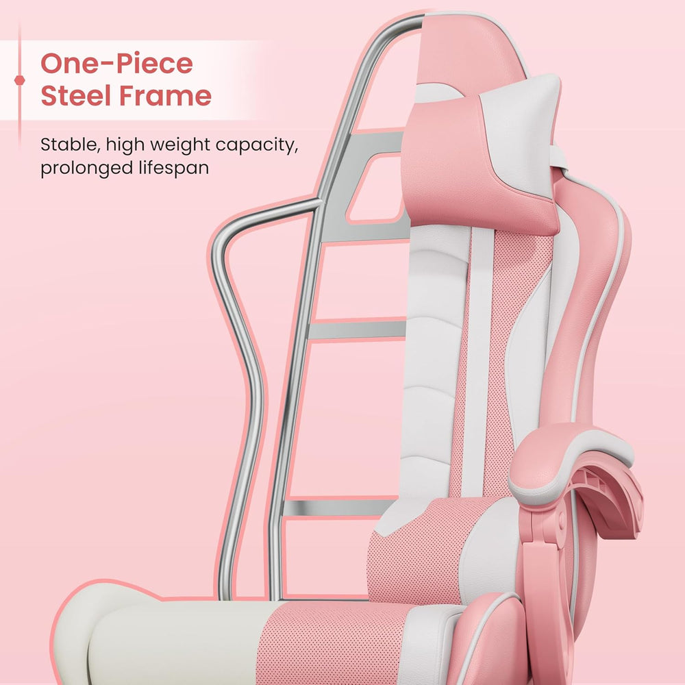 Yaheetech Gaming Chair with Footrest Massage Lumbar Pillow Pink and White | F...