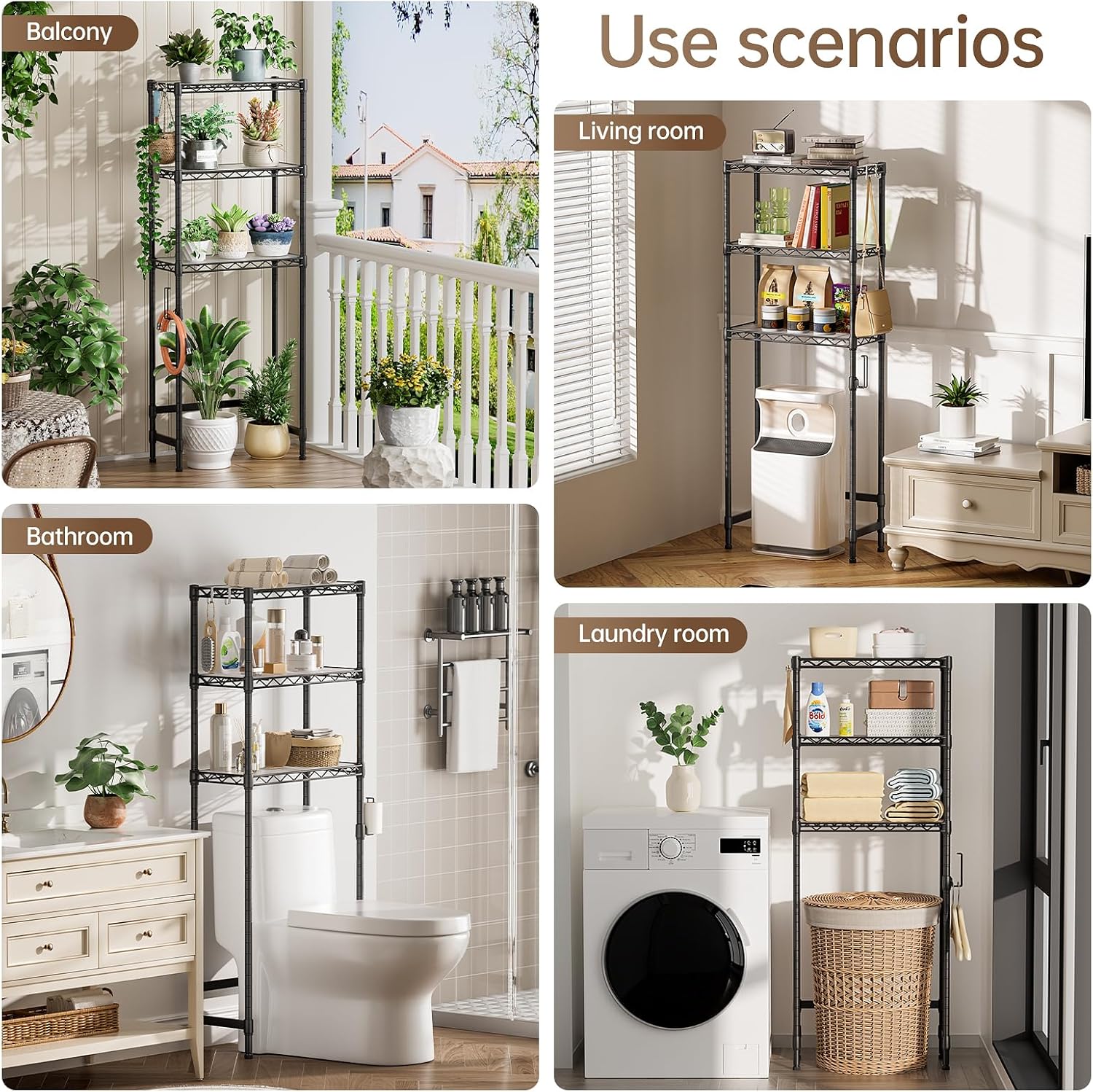 3-Tier Over The Toilet Storage Shelf,Heavy Duty Adjustable Metal Bathroom Rack with Toilet Paper Holder & Hooks,Space-Saving Organizer for Bathroom,10”D x 24”W x 66”H,Black