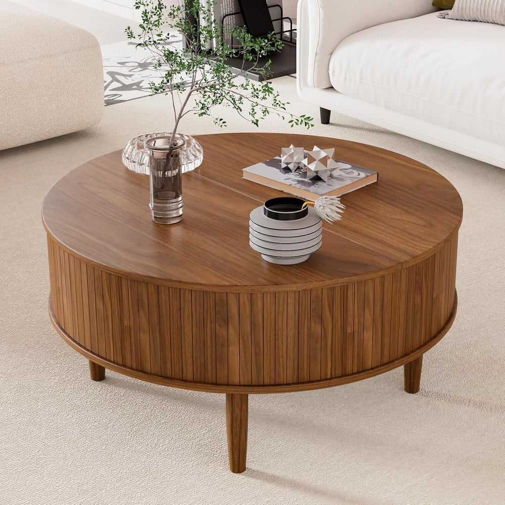 Round Fluted Lift Top Coffee Table with Storage, Mid Century Modern Coffee Ta...