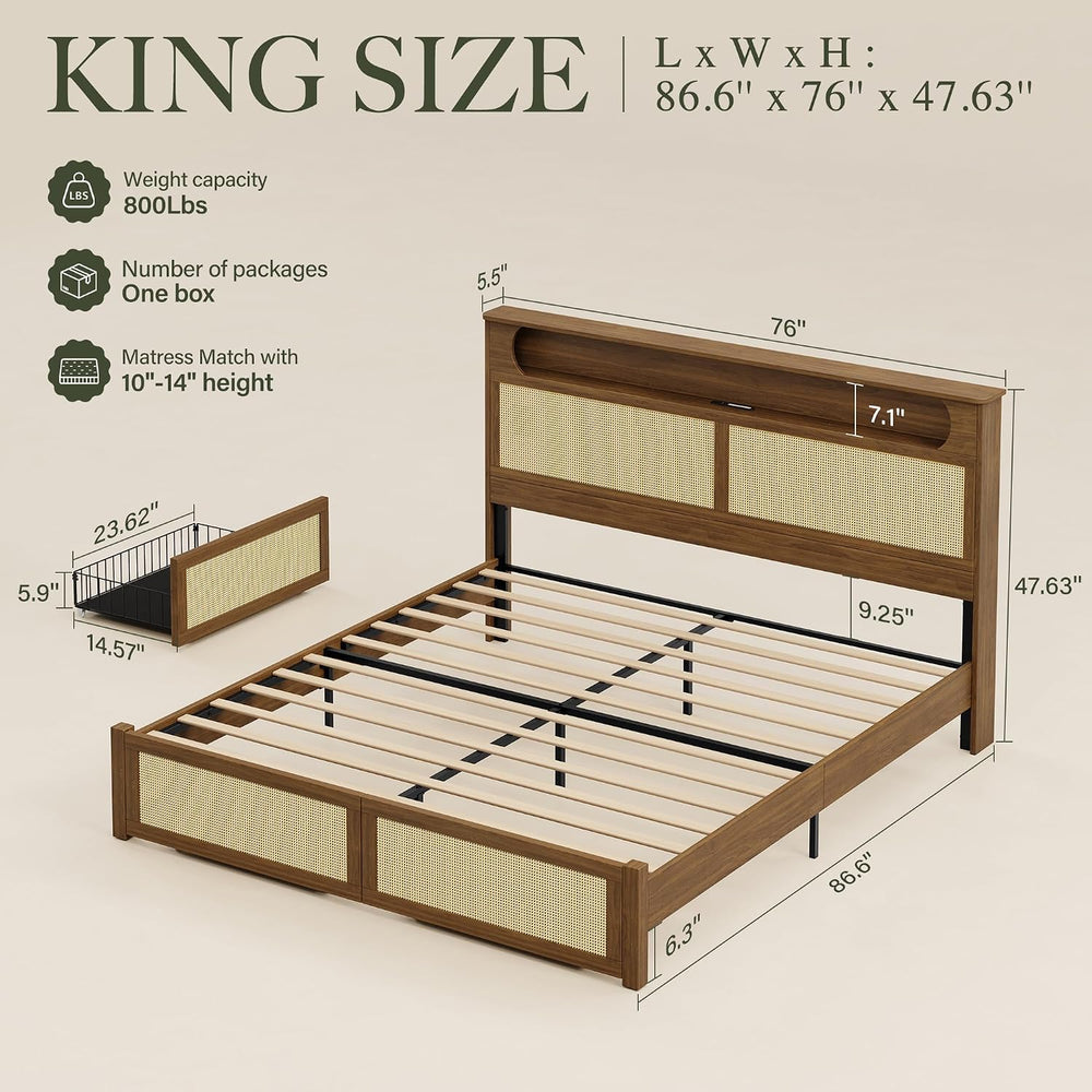 Belffin King Size Rattan Bed Frame with 2 Storage Drawers, Wood Bed, Brown