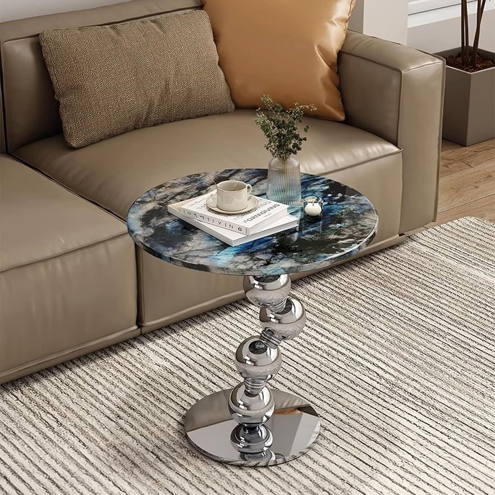 Stylish Round Side Table, Modern Faux Marble Coffee Table, Decorative Small E...