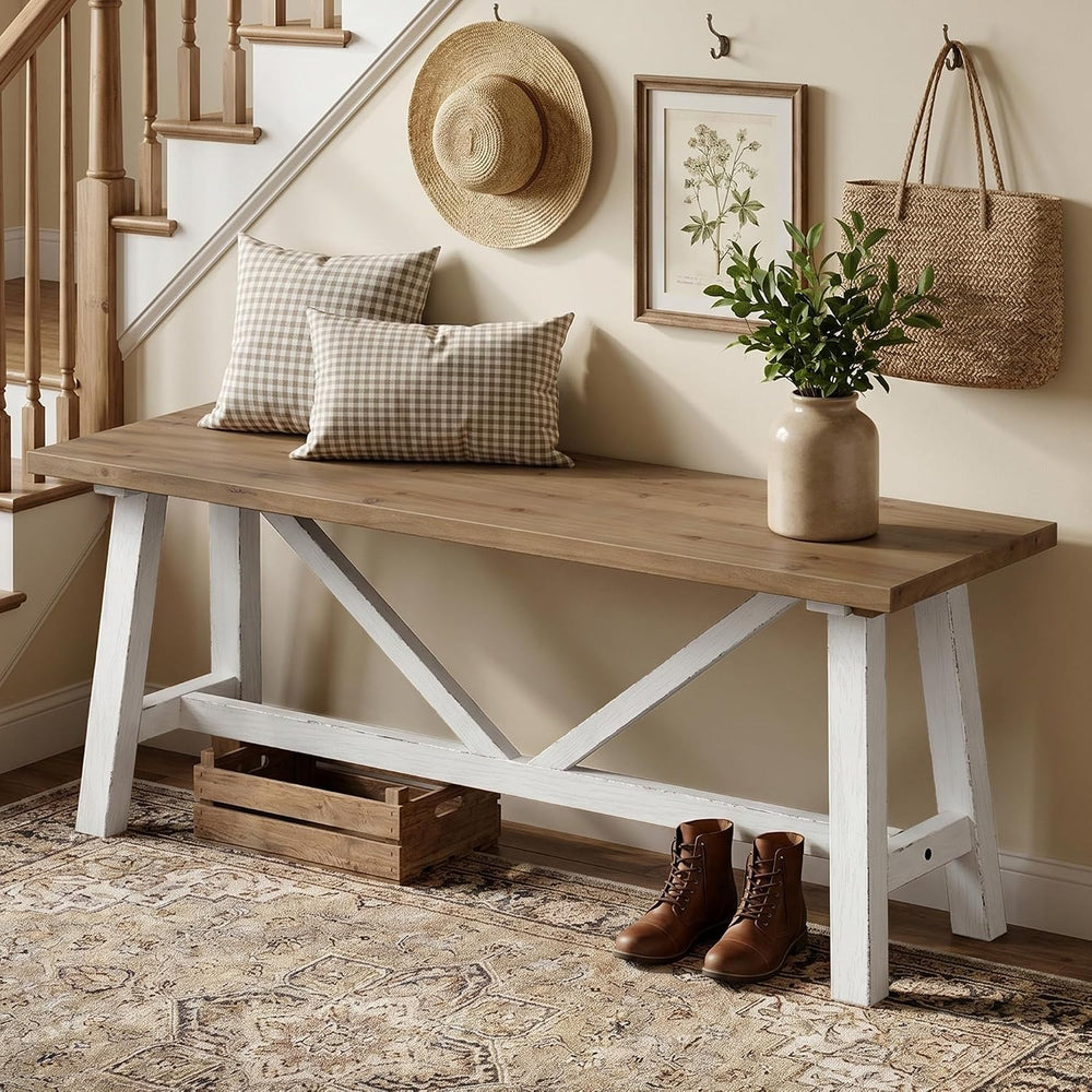Wnutrees 43" Farmhouse Solid Wood Bench, Narrow Long Seat, White | Entry...