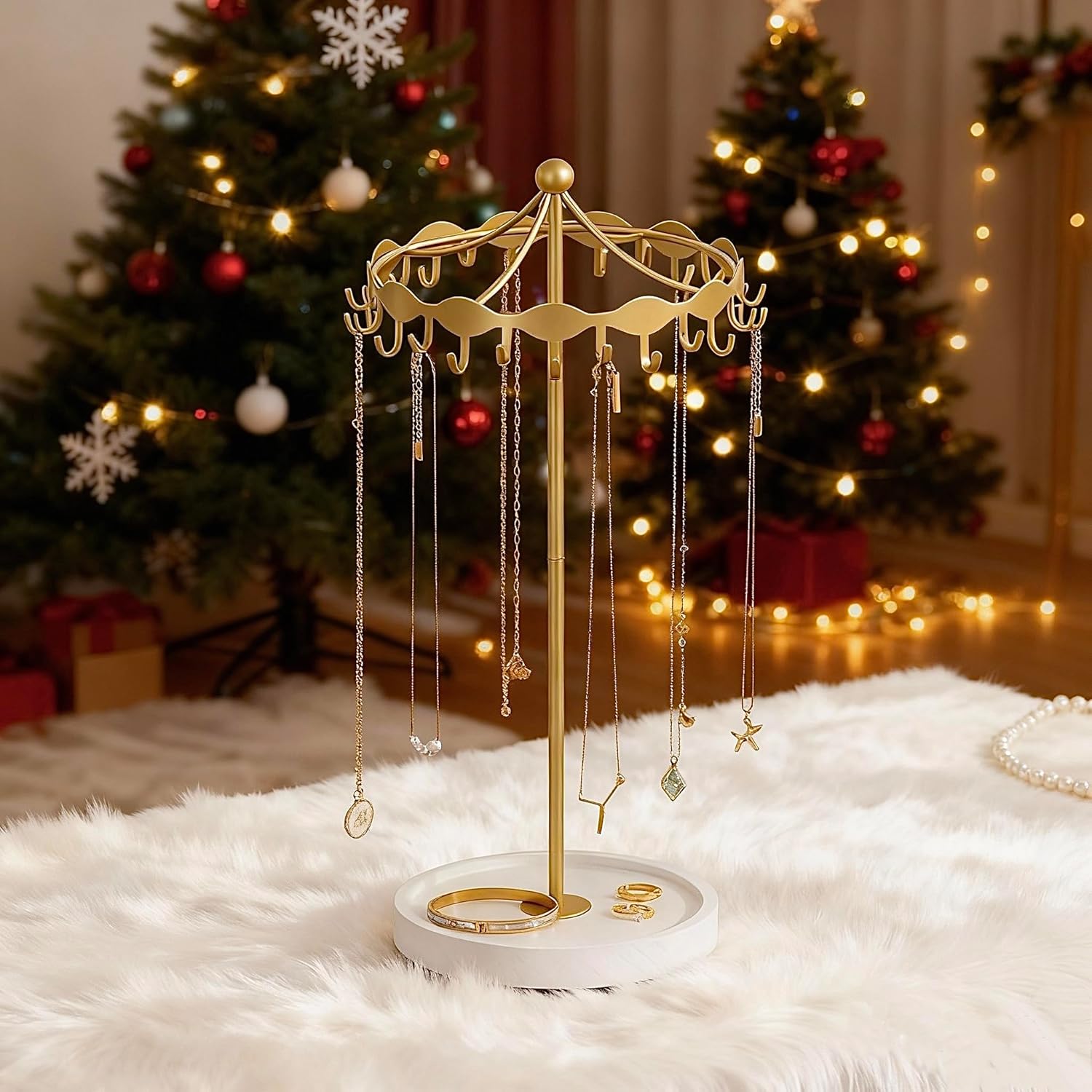 Lolalet Rotating Necklace Holder Stand with Metal Hooks, Spinning Display Carousels, Freestanding Organizer Hanger, for Long Necklaces Chains -Gold