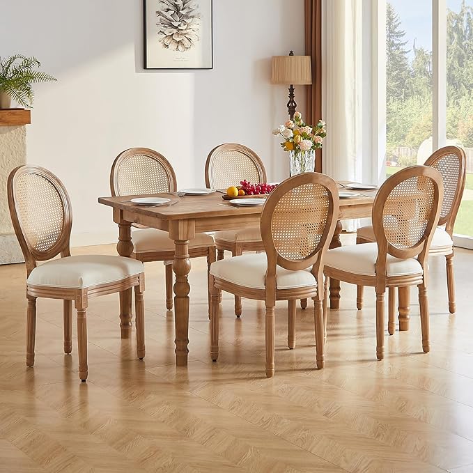 Nrizc Farmhouse Fabric Dining Room Chairs Set of 6, French Chairs with Round Back, Woven Rattan Dining Chair, Oval Side Chair for Dining Room/Kitchen/Restaurant