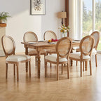 French Country Dining Chair Set of 2, Vintage Chic Woven Rattan, Upholstered and Carved Wooden Frames, Beige Linen Fabric, Lightweight, Sturdy, Ideal for Dining Room, Kitchen, Living Room, Bedroom