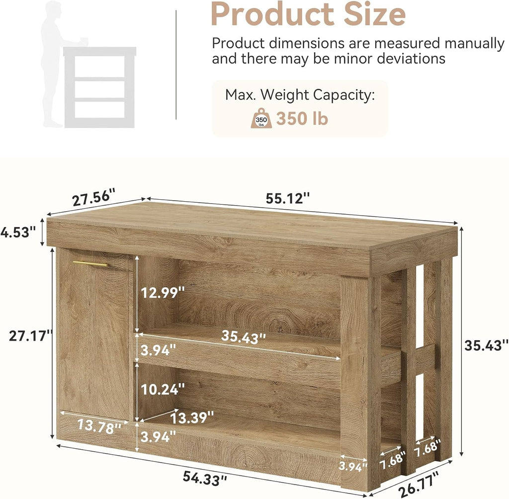 Tribesigns Kitchen Island with Trash Storage Cabinet, 55" Large Prep Table | 2-Tier Shelf, Farmhouse Island Table Furniture for Meal Prep, Dining & Entertaining, Natural Oak Wood, Supports up to 350 lb