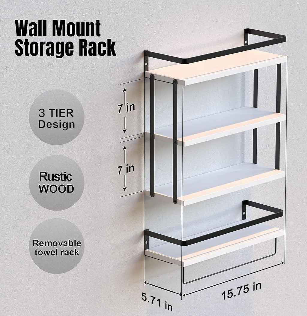 RICHER HOUSE 3+1 Tier Wall Mounted Floating Shelves Set of 2, Rustic Wood Wall Shelf with Metal Frame, Extra Storage Rack for Bathroom, Kitchen, Bedroom with Tissue Rack & Towel Bar - White