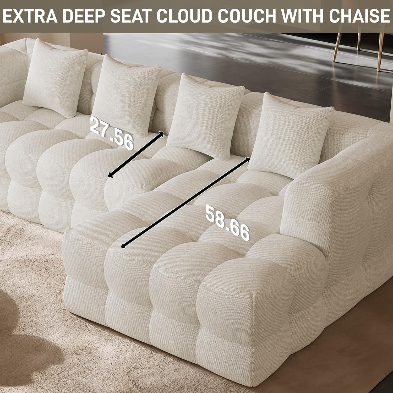 120" Oversized Modular Sectional Couch,Cloud Sectional Sofa with Deep Seat, Modern Modular Couch with 4 Throw Pillows,L-Shaped Chenille Sofa Couches with Right Facing Chaise for Living Room, Beige