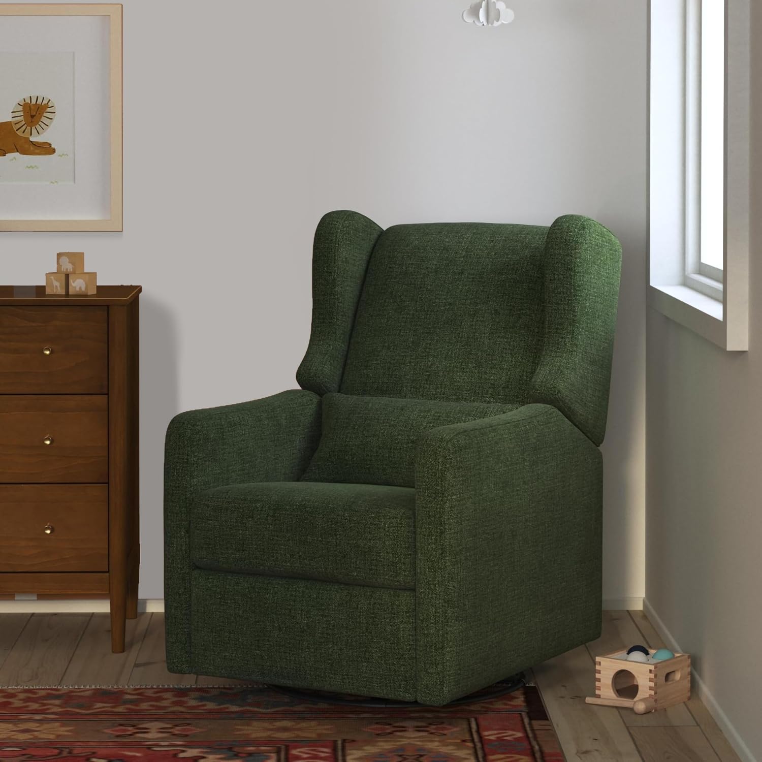 Carter's by Davinci Arlo Recliner, Performance Forest Green Linen | Glider Recliner Nursery Chair w/ 360° Swivel - GREENGUARD Gold & FSC Certified - Water & Stain Resistant Glider Rocking Chair