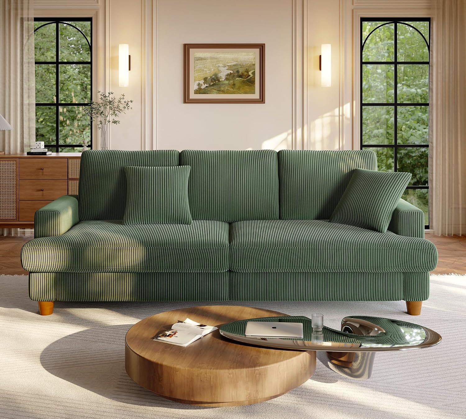 Welzona 87.2" Couches for Living Room, Comfy Green Couch 7.5" Extra Thick Cushion, Sofas for Living Room Tool-Free Setup, Loveseat Sofa 848lbs Support, Corduroy Couch for Bedroom, Apartment, Office