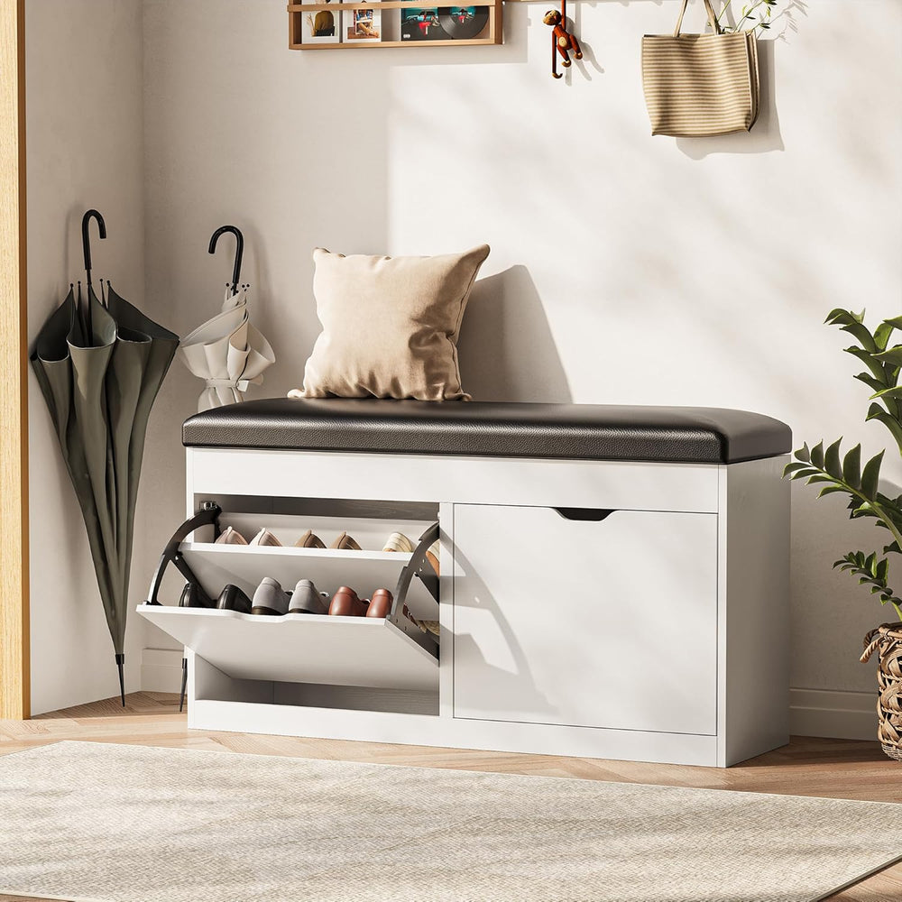 40" Shoe Storage Bench with 2 Flip Drawers & Padded Seat Cushion, Sh...