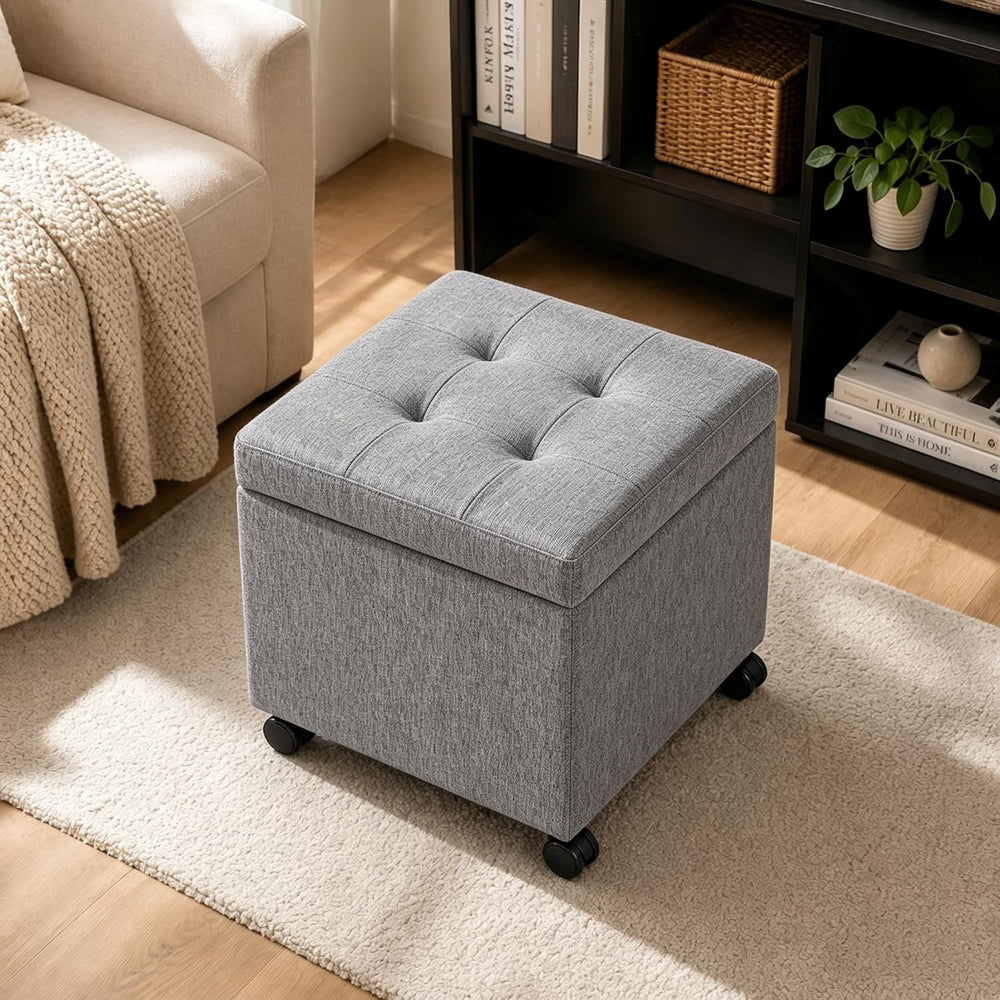 Homebeez 18" Square Storage Ottoman with Wheels, Tufted Linen Cube | Rol...