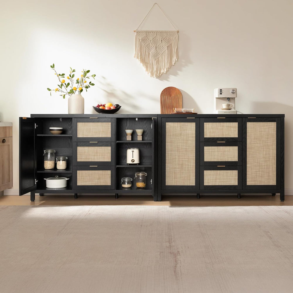 SICOTAS Rattan Large Sideboard Buffet Cabinet with Storage - Farmhouse Boho C...