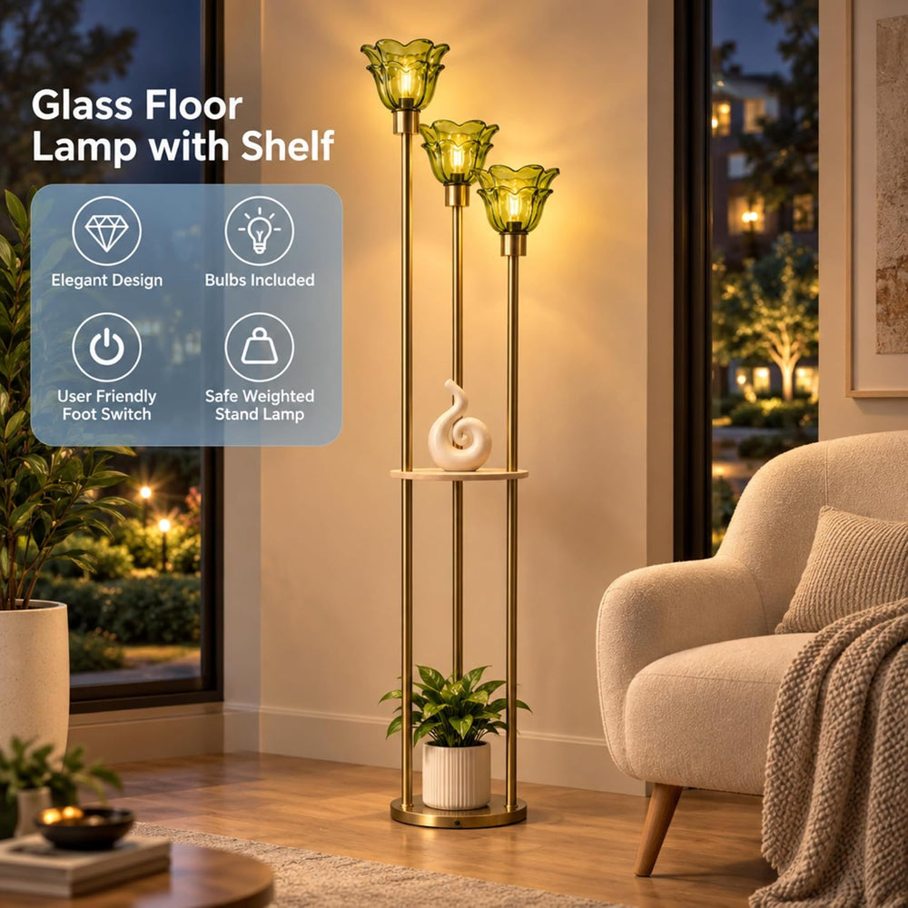 Fiqevs 3 Flower Mid Modern Glass Floor Lamp with Shelves for Living Room