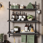 Bestier Floating Pipe Shelving, 31.5" Floating Kitchen Shelves Wall Mounted, 3 Tier Coffee Bar Shelf Ladder Bookshelf with Towel Bar Hooks for Kitchen Living Room Bathroom Bedroom, Black Marble