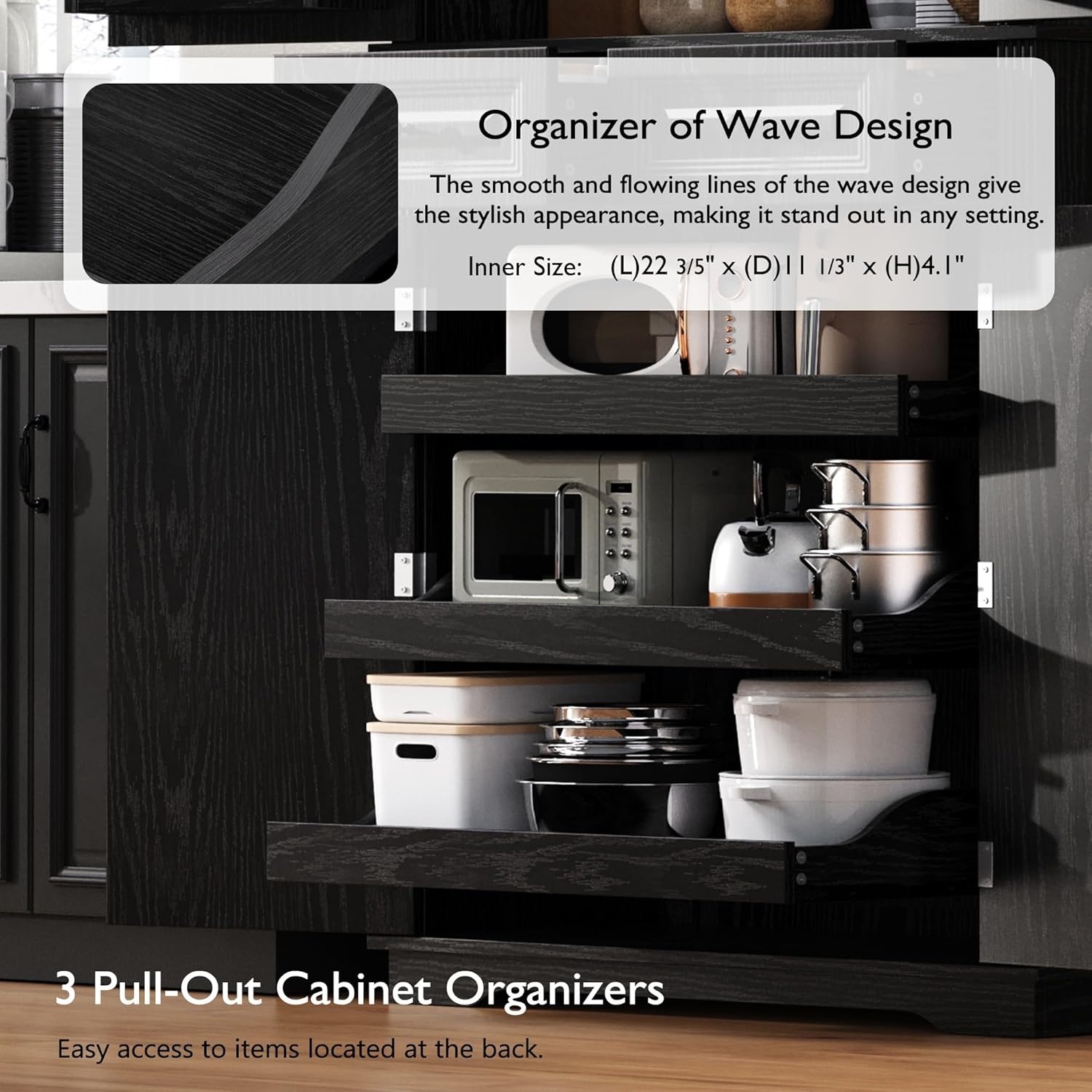 SOFTSEA Kitchen Pantry Cabinet with 6 Door Shelves and 2 Drawers, Farmhouse Embossed Texture Cupboard Cabinet with 3 Pull Out Organizers, Kitchen Hutch for Dining Room Living Room, Black