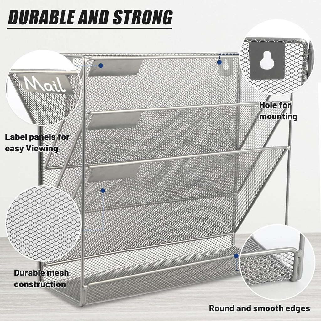 EASEPRES Desk File Organizer Mesh 4-Tier, Hanging Wall Mount Document Organization Stand, Desktop Vertical Mail Paper Folder Holder Rack with Bottom Tray for Office Home Cubicle Countertop, Silver