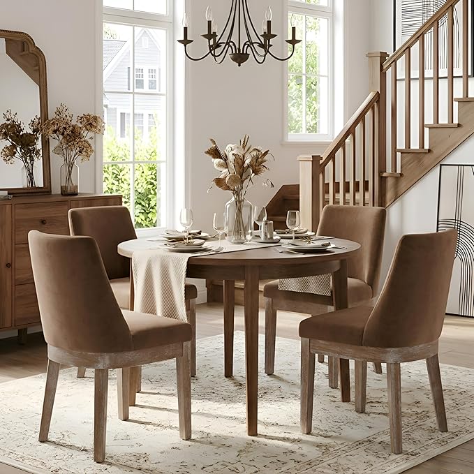 HNY Modern Dining Chairs Set of 4 with Comfortable Back Support, Farmhouse Soft Velvet Upholstered Kitchen Dining Room Chairs with Solid Wood Legs, Armless Accent Side Chairs for Living Room, Khaki