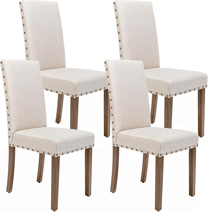 Upholstered Dining Chair Modern Stylish Parsons Kitchen Diner High Back with Bronze Nailhead Trim & Wood Legs, Set of 4, Beige