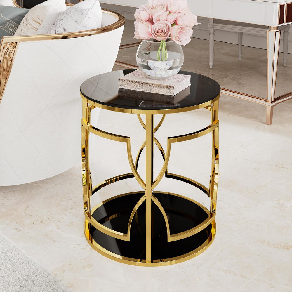 Merax 19.7" Round Gold Metal Side Table with Tempered Glass Top & 2-...