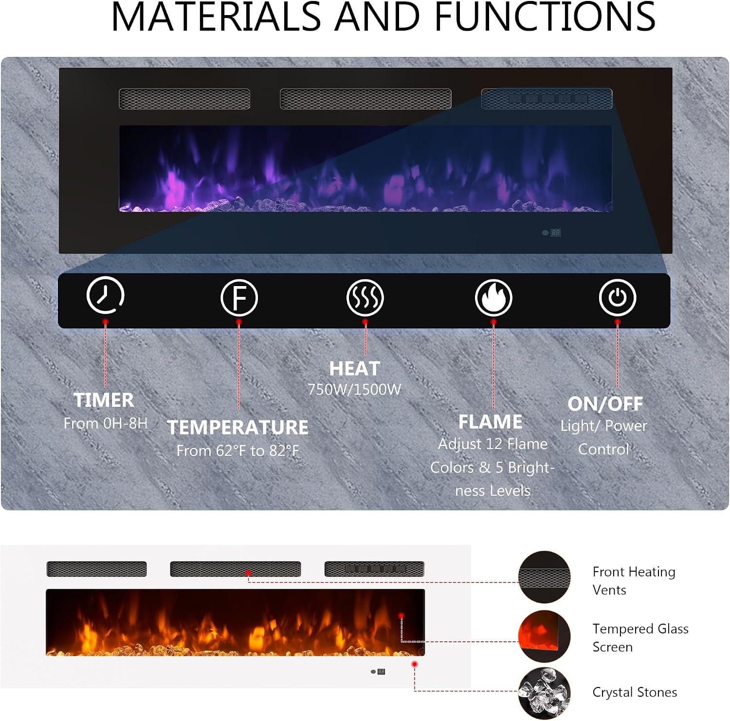 80" Fireplace TV Stand with Power Outlet, Entertainment Center with 36" Fireplace for TVs Up to 90", Modern TV Console for Living Room with High Gloss Storage Cabinet & LED Lights, Gray-Black