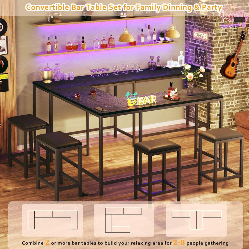 HUAHUU Bar Table and Chairs Set for 2-4, 63'' Convertible L-Shaped Ki...