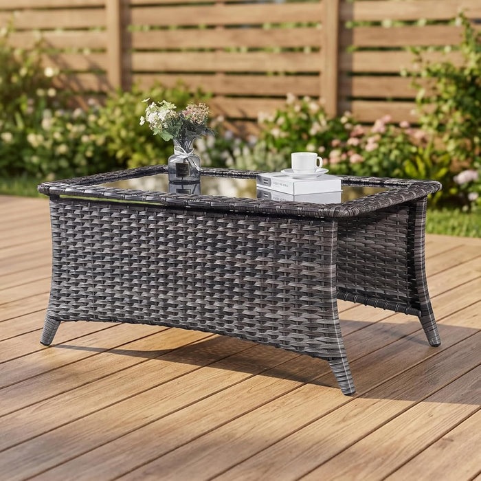 Belord Patio Coffee Table Outdoor Rectangular Glass Table, Handwoven Rattan Patio Furniture Grey Wicker Coffee Table Compatible with Patio Chairs and Sofa Sets for Backyard Sunroom Outside Lawn