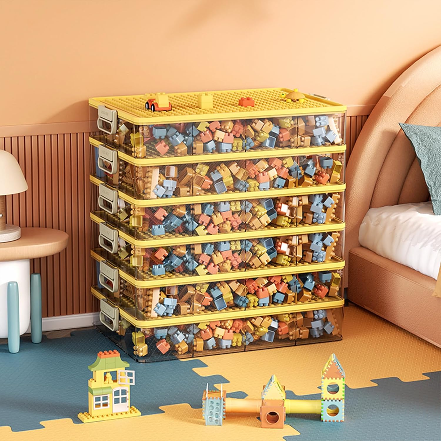 Toys Storage Organizer Bins for Lego, Stackable Toys Organizer, Lego Building Block Storage, Toy Storage Box with 24 Palace Grids, Plastic Stackable Organizer Bins (Yellow 2layers)