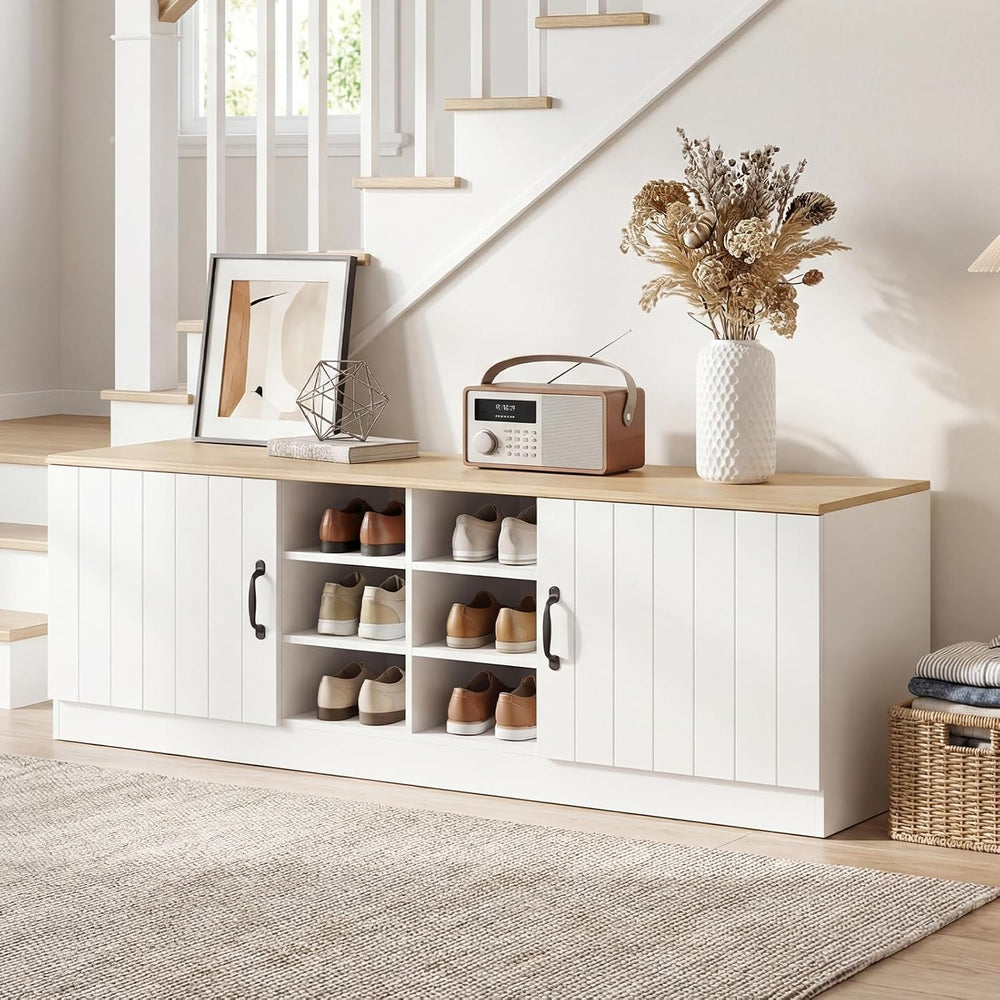 Giantex 2-Door Shoe Storage Bench, Wooden Entryway Bench with Storage, Adjust...