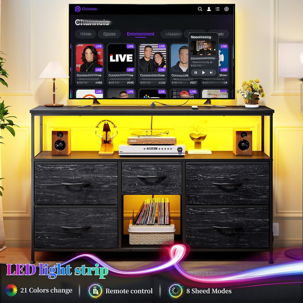 Romorgniz Black TV Stand for 45/50" TVs, 5 Deep Drawers&Led Lights&Outlets | Small Dresser For Bedroom&Studio,Strong Metal Frame For Stability,Spacious Shelves Display Collections&Keep Things Organized